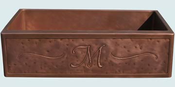 Kitchen Sinks - Copper Kitchen Sinks- Repousse Aprons Copper Kitchen Sinks - Random Distressed With M Initial & Scrolls # 3667