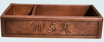 Kitchen Sinks - Copper Kitchen Sinks- Repousse Aprons Copper Kitchen Sinks - 3 Repousse Initials On Vegetable Sink # 2825