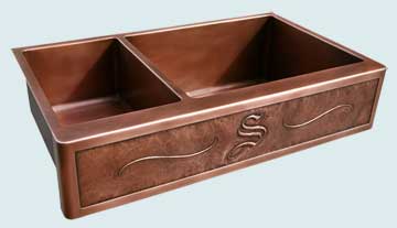 Kitchen Sinks - Copper Kitchen Sinks- Repousse Aprons Copper Kitchen Sinks - Extra Long 2 Compartment W Script S # 3838