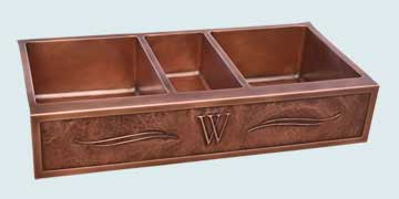 Kitchen Sinks - Copper Kitchen Sinks- Repousse Aprons Copper Kitchen Sinks - Triple Bowl With "W" Initial # 4349