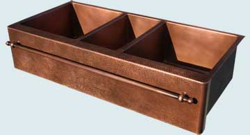 Kitchen Sinks - Copper Kitchen Sinks- Extra Large Sinks Copper Kitchen Sinks - 3 Compartment W/ Towel Bar & Hammered Apron # 4456