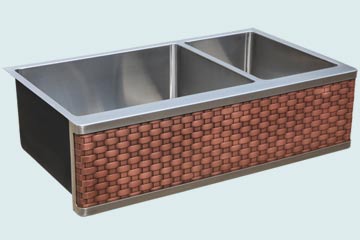 Kitchen Sinks - Stainless Kitchen Sinks- Woven Aprons Stainless Kitchen Sinks - 2 Compartment Stainless Farm Sink with Straight Weave Copper Apron # 4887